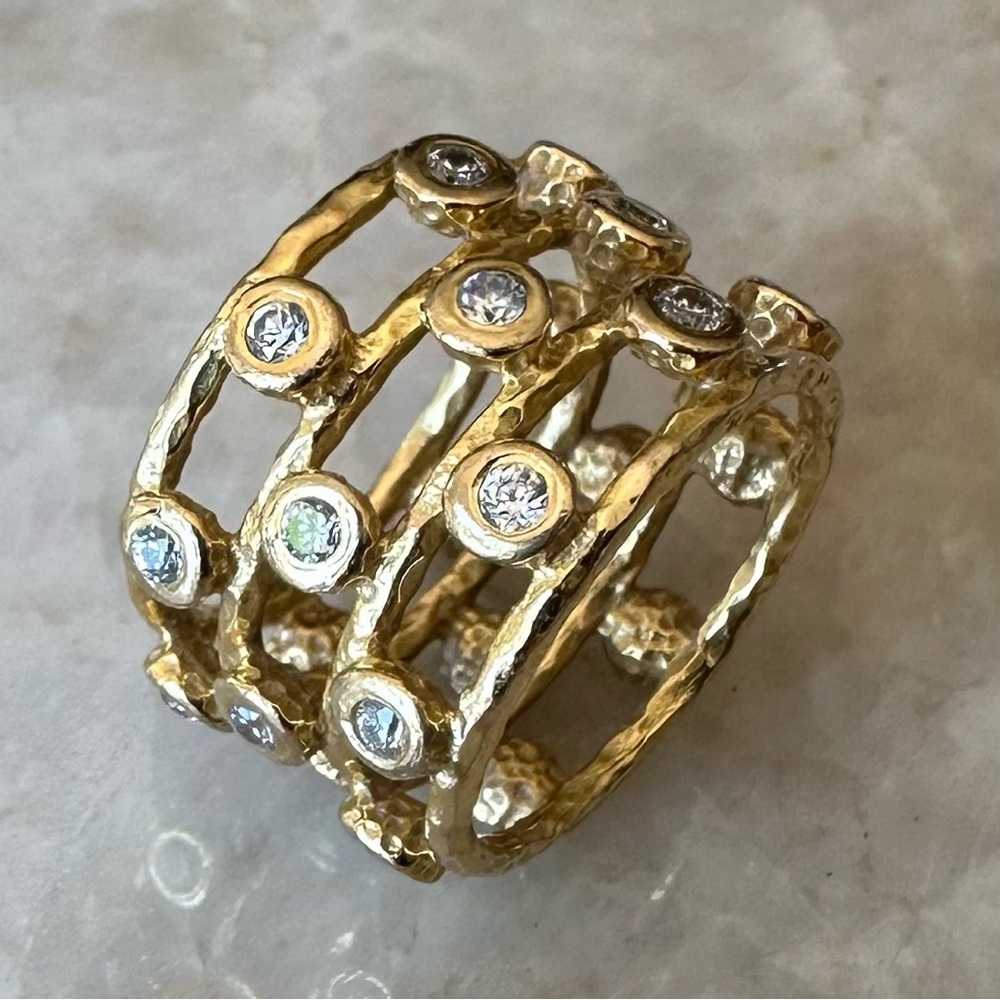 Wide Gold Ring with Bezel Set Zirconia Details - Size 6.5 - Gold Cocktail ring